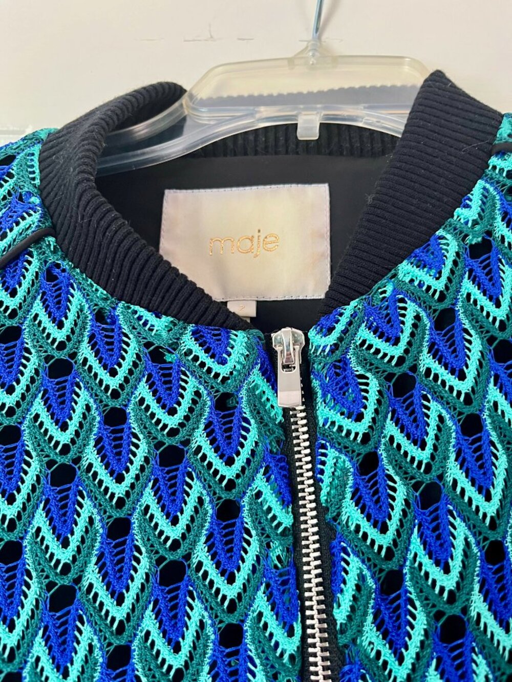 Maje Paris — Teal & Cobalt Crochet Lace Zip Bomber Jacket (US 2) - Picture 2 of 3
